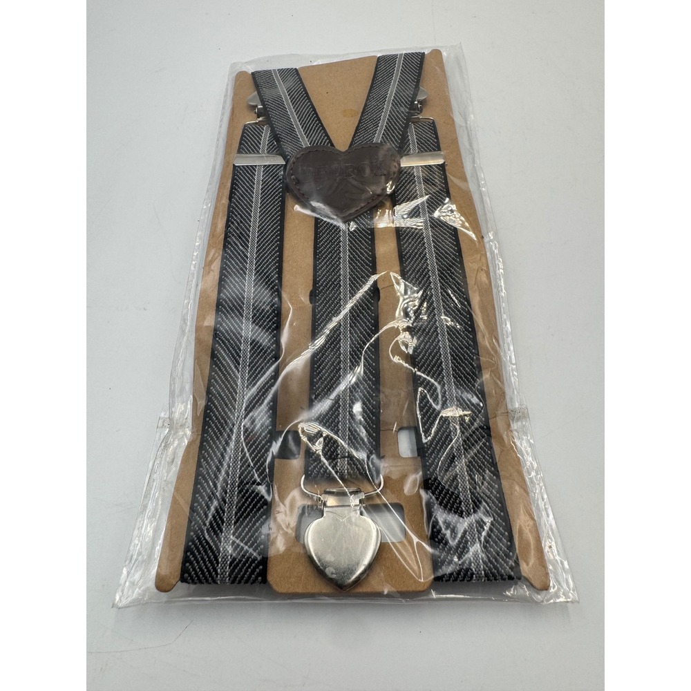 Deobox Striped Suspenders Black Grey Heart Clips Leather Patch Y-Back Braces NEW